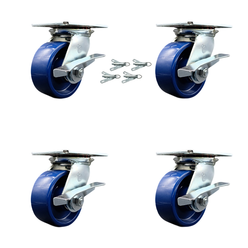 Heavy Duty Large Top Plate Solid Polyurethane Swivel Caster Set of 4 w/5" x 2" Blue Wheels - Includes 4 Swivel w/Side Lck Brakes & Bolt on Swivel Locks - 4000 lbs Total Capacity - Service Caster Brand — photo 1