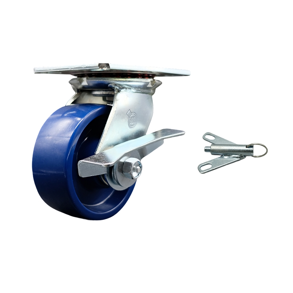 Heavy Duty Large Top Plate Solid Polyurethane Swivel Caster w/5" x 2" Blue Wheel & Side Lck Brake and Bolt on Swivel Lock - 1000 lbs Capacity/Caster - Service Caster Brand — photo 1