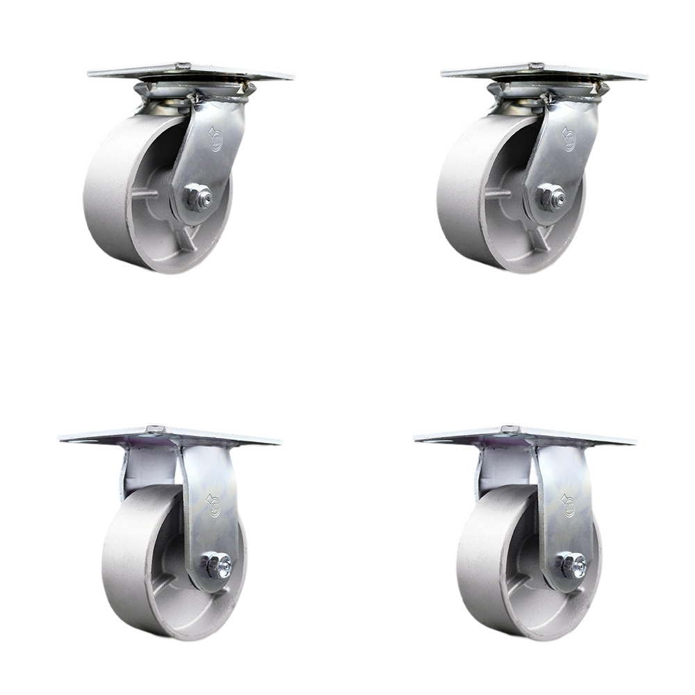 Heavy Duty Large Top Plate Semi Steel Cast Iron Swivel Caster Set of 4 w/5" x 2" Silver Wheels - Includes 2 Swivel & 2 Rigid - 4000 lbs Total Capacity - Service Caster Brand — photo 1