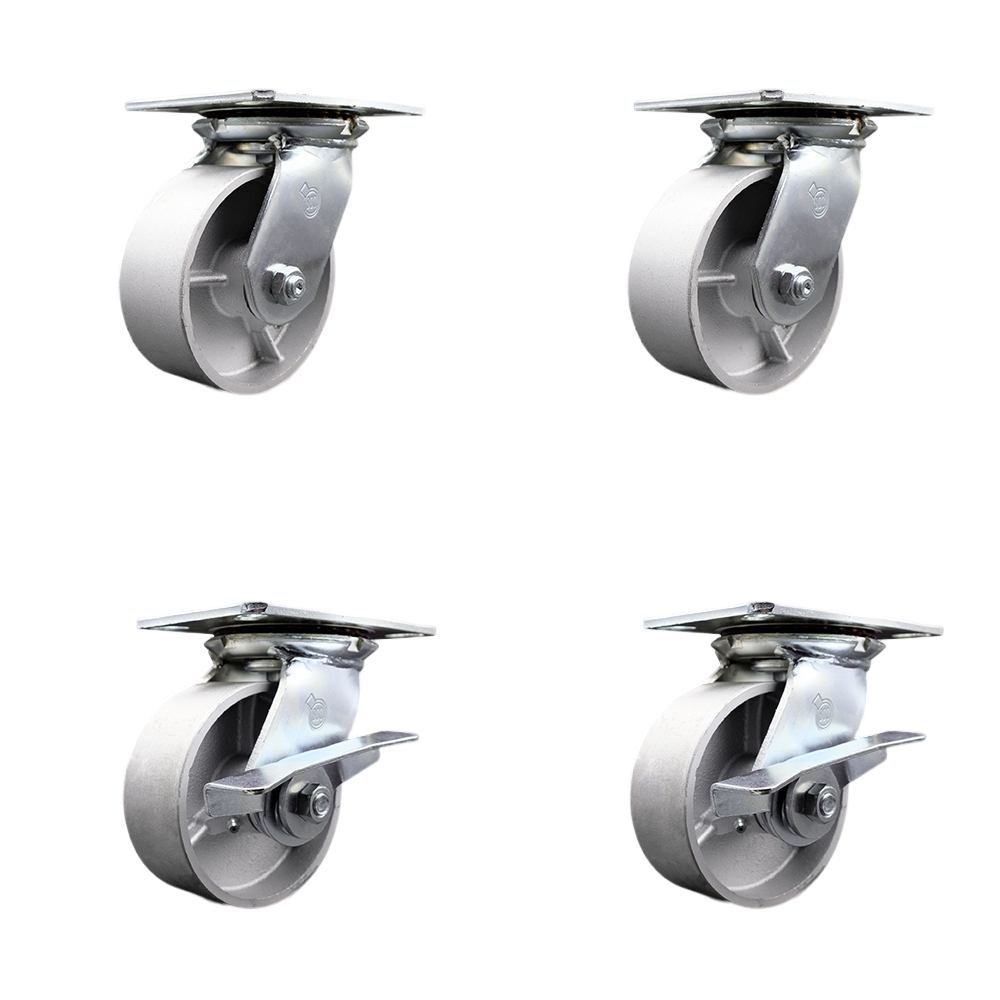 Heavy Duty Large Top Plate Semi Steel Cast Iron Swivel Caster Set of 4 w/5" x 2" Silver Wheels - Includes 2 Swivel with Brakes & 2 Swivel - 4000 lbs Total Capacity - Service Caster Brand — photo 1