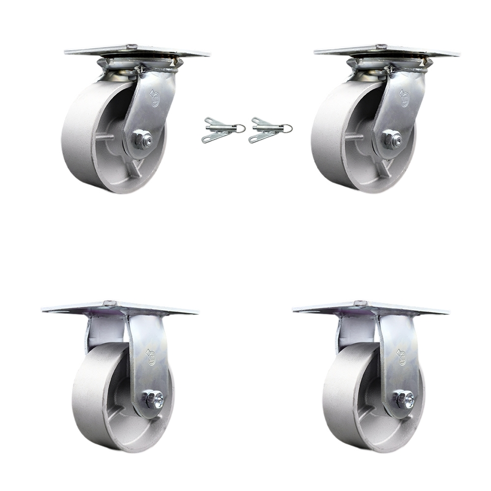 Heavy Duty Large Top Plate Semi Steel Cast Iron Swivel Caster w/Main. Free Bearings Set of 4 w/5" x 2" Silver Wheels - Includes 2 Swivel with Bolt on Swivel Locks & 2 Rigid - Service Caster Brand — photo 1
