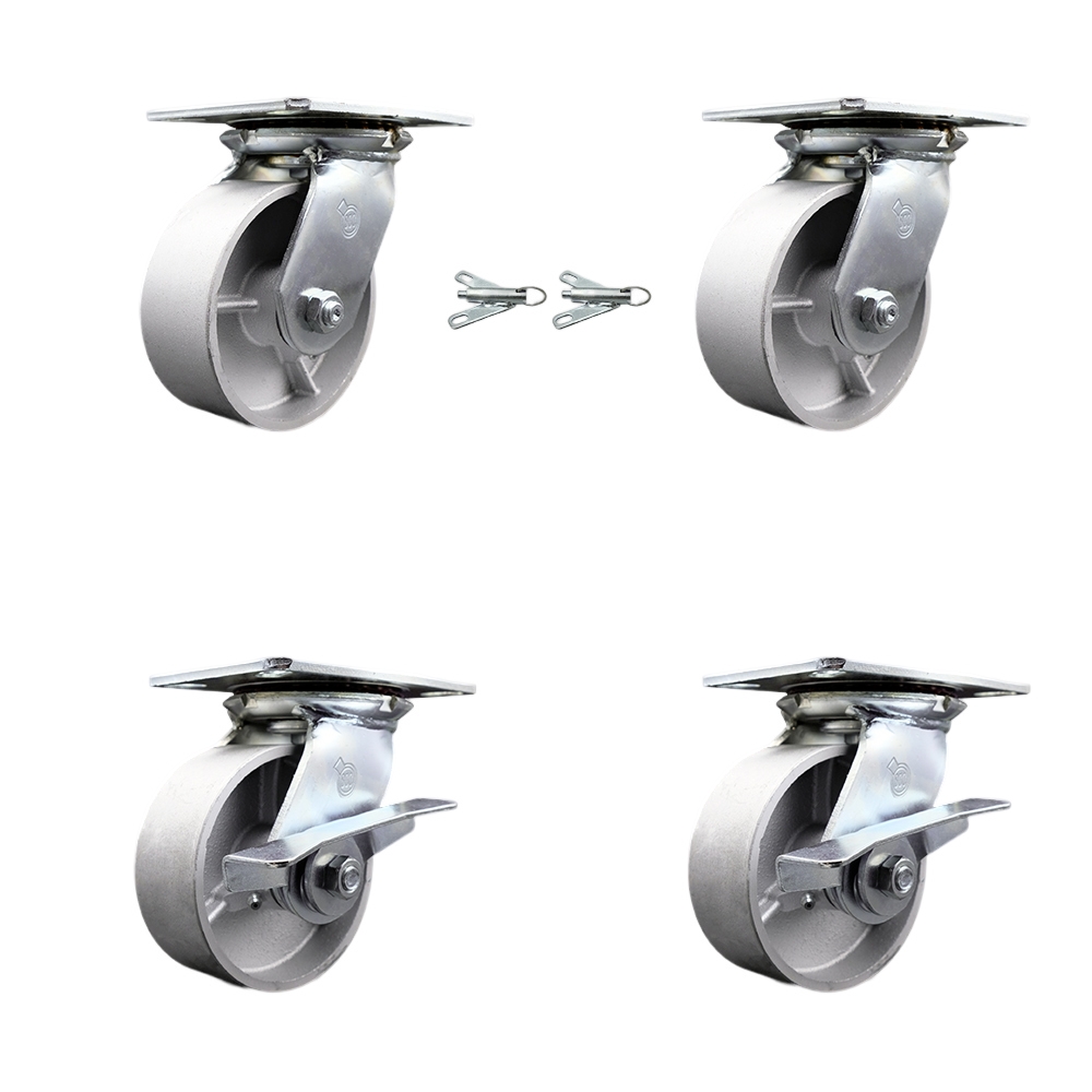 Heavy Duty Large Top Plate Semi Steel Cast Iron Swivel Caster Set of 4 w/5" x 2" Silver Wheels-Includes 2 Swivel with Bolt on Swivel Locks&2 Swivel with Brake-4000lbs Total Cpty - Service Caster Brand — photo 1