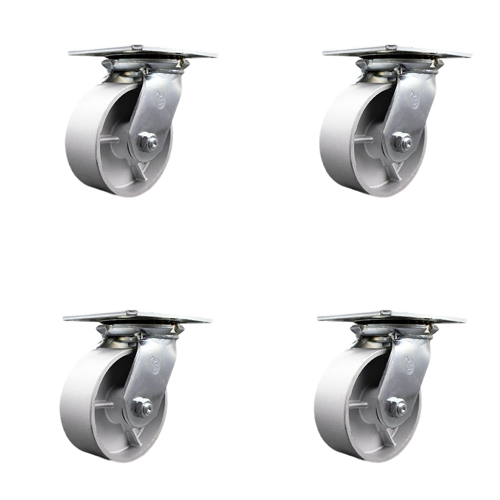 Heavy Duty Large Top Plate Semi Steel Cast Iron Swivel Caster w/Main. Free Bearings Set of 4 w/5" x 2" Silver Wheels - Includes 4 Swivel w/Bolt on Swivel Lcks-4000lbs Total Cpty - Service Caster Brand — photo 1