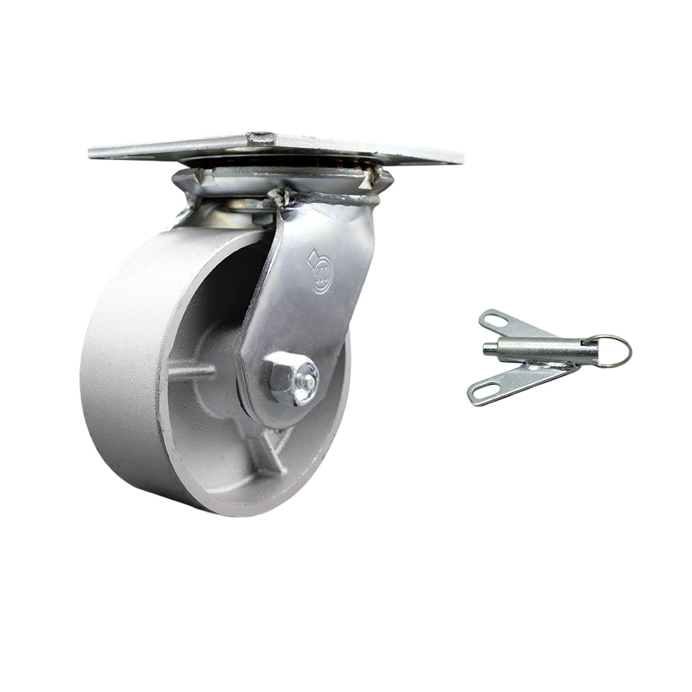 Heavy Duty Large Top Plate Semi Steel Cast Iron Swivel Caster w/Main. Free Bearings and 5" x 2" Silver Wheel & Bolt on Swivel Lock - 1000 lbs Capacity/Caster - Service Caster Brand — photo 1