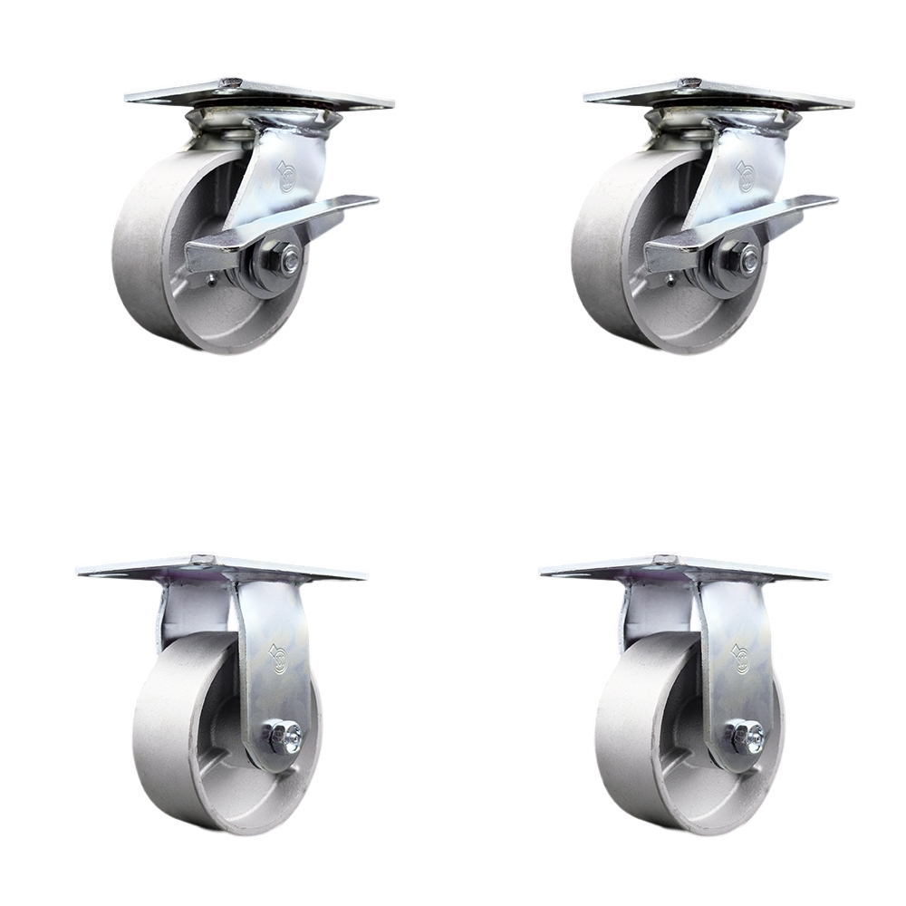 Heavy Duty Large Top Plate Semi Steel Cast Iron Swivel Caster w/Main. Free Bearings Set of 4 w/5" x 2" Silver Wheels - Includes 2 Swivel with Brakes & 2 Rigid-4000lbs Total Cpty - Service Caster Brand — photo 1
