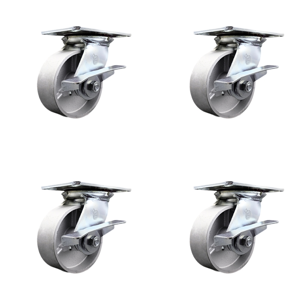 Heavy Duty Large Top Plate Semi Steel Cast Iron Swivel Caster w/Main. Free Bearings Set of 4 w/5" x 2" Silver Wheels - Includes 4 Swivel w/Side Lck Brakes-4000lbs Total Capacity - Service Caster Brand — photo 1