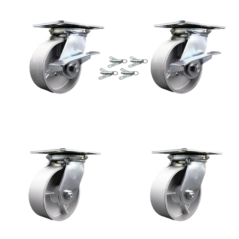 Heavy Duty Large Top Plate Semi Steel Cast Iron Swivel Caster Set 4 w/5" x 2" Silver Wheels-Includes 2 Swvl w/BRK and Bolt on Swvl Lck&2 Swvl w/Bolt on Swvl Lck-4000lbs Total Cpty-Service Caster Brand — photo 1