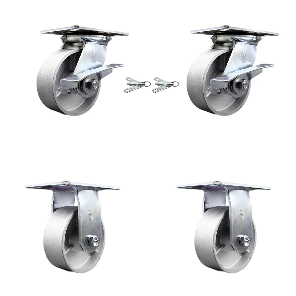 Heavy Duty Large Top Plate Semi Steel Cast Iron Swivel Caster Set of 4 w/5" x 2" Silver Wheels-Includes 2 Swivel with Brakes and Bolt on Swivel Locks& 2 Rigid-4000lbs Total Cpty - Service Caster Brand — photo 1