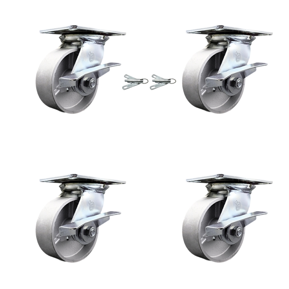 Heavy Duty Large Top Plate Semi Steel Cast Iron Swivel Caster Set 4 w/5" x 2" Silver Wheels-Includes 2 Swivel with Brakes and Bolt on Swvl Lcks&2 Swvl w/Brake-4000lbs Total Cpty - Service Caster Brand — photo 1