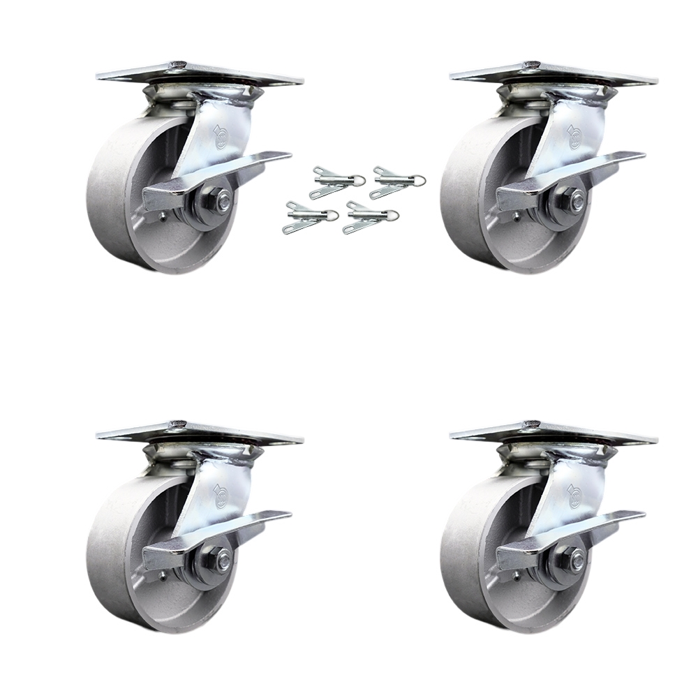 Heavy Duty Large Top Plate Semi Steel Cast Iron Swivel Caster w/Main. Free Bearings Set of 4 w/5" x 2" Silver Wheels - Includes 4 Swivel w/Side Lck Brakes & Bolt on Swivel Locks - Service Caster Brand — photo 1