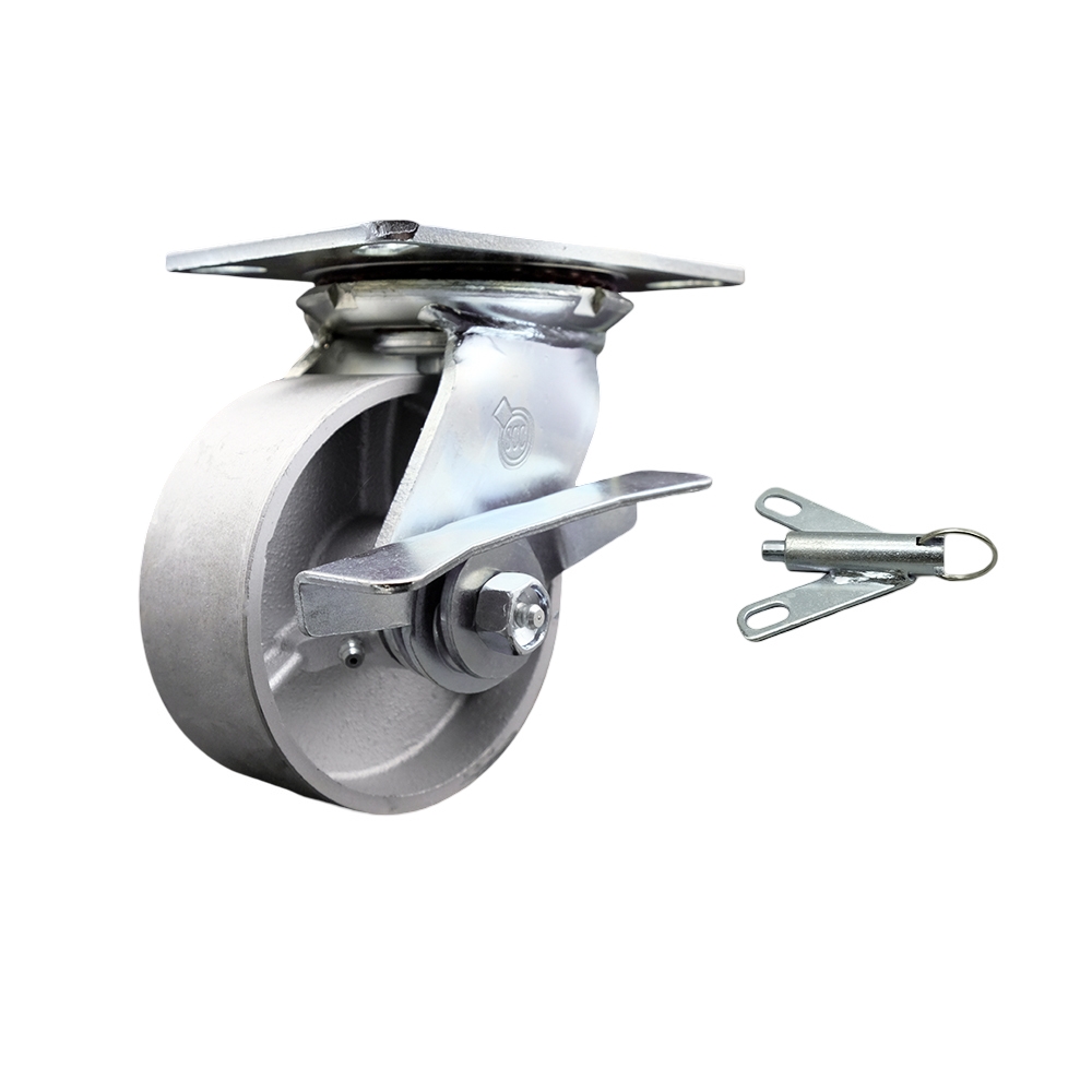 Heavy Duty Large Top Plate Semi Steel Cast Iron Swivel Caster w/Main. Free Bearings and 5" x 2" Silver Wheel & Side Lck Brake and Bolt on Swivel Lock - 1000 lbs Capacity/Caster - Service Caster Brand — photo 1