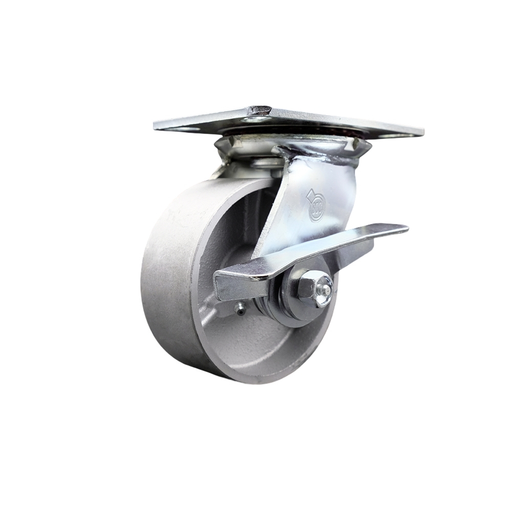 Heavy Duty Large Top Plate Semi Steel Cast Iron Swivel Caster w/5" x 2" Silver Wheel & Side Lck Brake - 1000 lbs Capacity/Caster - Service Caster Brand — photo 1