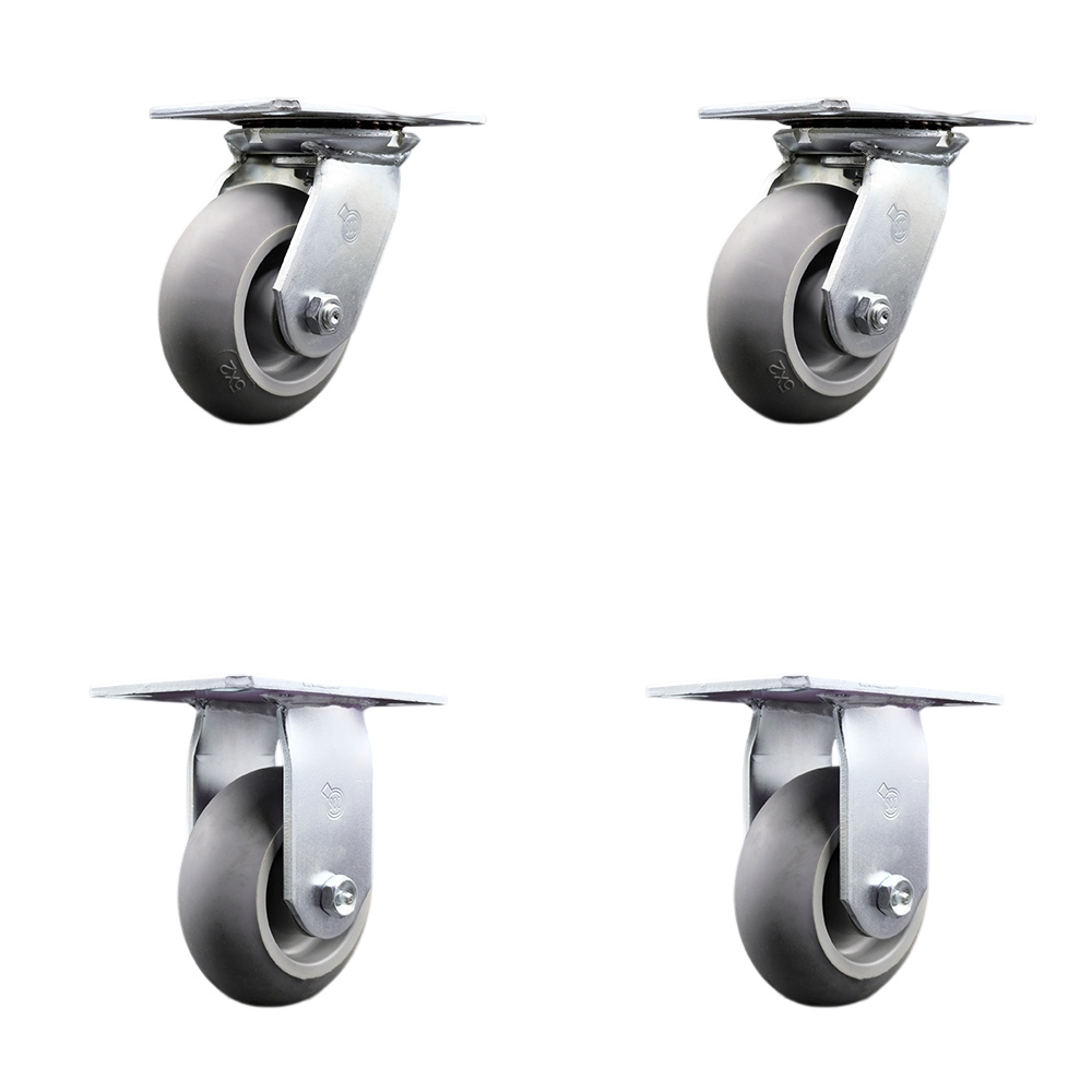 Heavy Duty Large Top Plate Thermo Rubber Donut Tread Swivel Caster w/Main. Free Bearings Set of 4 w/5" x 2" Gray Wheels - Includes 2 Swivel & 2 Rigid - 1400 lbs Total Capacity - Service Caster Brand — photo 1