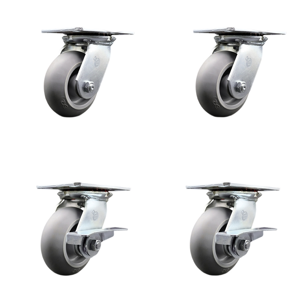 Heavy Duty Large Top Plate Thermo Rubber Donut Tread Swivel Caster Set of 4 w/5" x 2" Gray Wheels - Includes 2 Swivel with Brakes & 2 Swivel - 1400 lbs Total Capacity - Service Caster Brand — photo 1