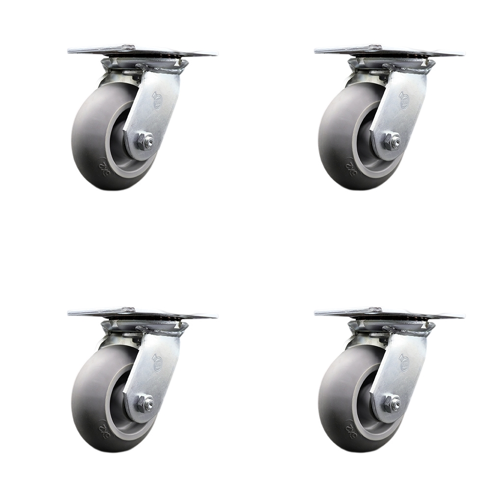 Heavy Duty Large Top Plate Thermo Rubber Donut Tread Swivel Caster w/Main. Free Bearings Set of 4 w/5" x 2" Gray Wheels - Includes 4 Swivel - 1400 lbs Total Capacity - Service Caster Brand — photo 1