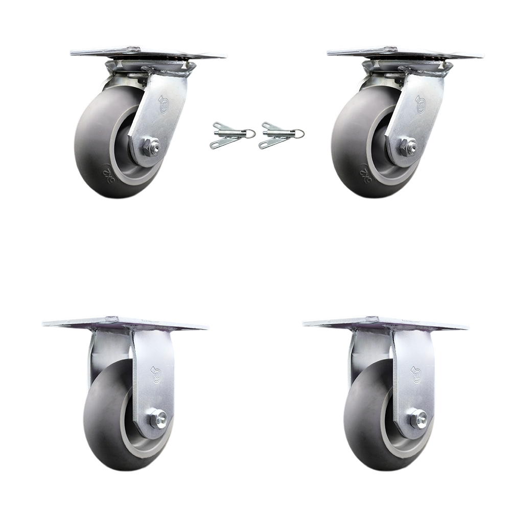 Heavy Duty Large Top Plate Thermo Rubber Donut Tread Swivel Caster Set of 4 w/5" x 2" Gray Wheels - Includes 2 Swivel with Bolt on Swivel Locks&2 Rigid - 1400 lbs Total Capacity - Service Caster Brand — photo 1