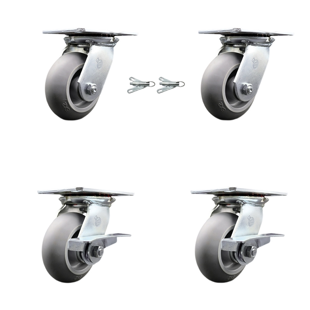 Heavy Duty Large Top Plate Thermo Rubber Donut Tread Swivel Caster w/Main. Free Bearings Set of 4 w/5" x 2" Gray Wheels-Includes 2 Swvl with Bolt on Swvl Lcks&2 Swvl with Brakes - Service Caster Brand — photo 1