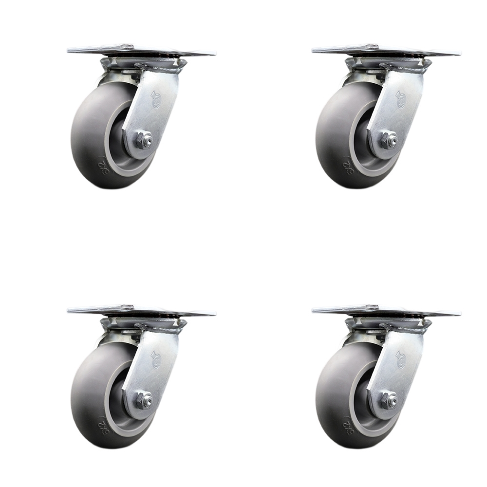 Heavy Duty Large Top Plate Thermo Rubber Donut Tread Swivel Caster w/Main. Free Bearings Set of 4 w/5" x 2" Gray Wheels-Includes 4 Swivel w/Bolt on Swvl Locks-1400lbs Total Cpty - Service Caster Brand — photo 1