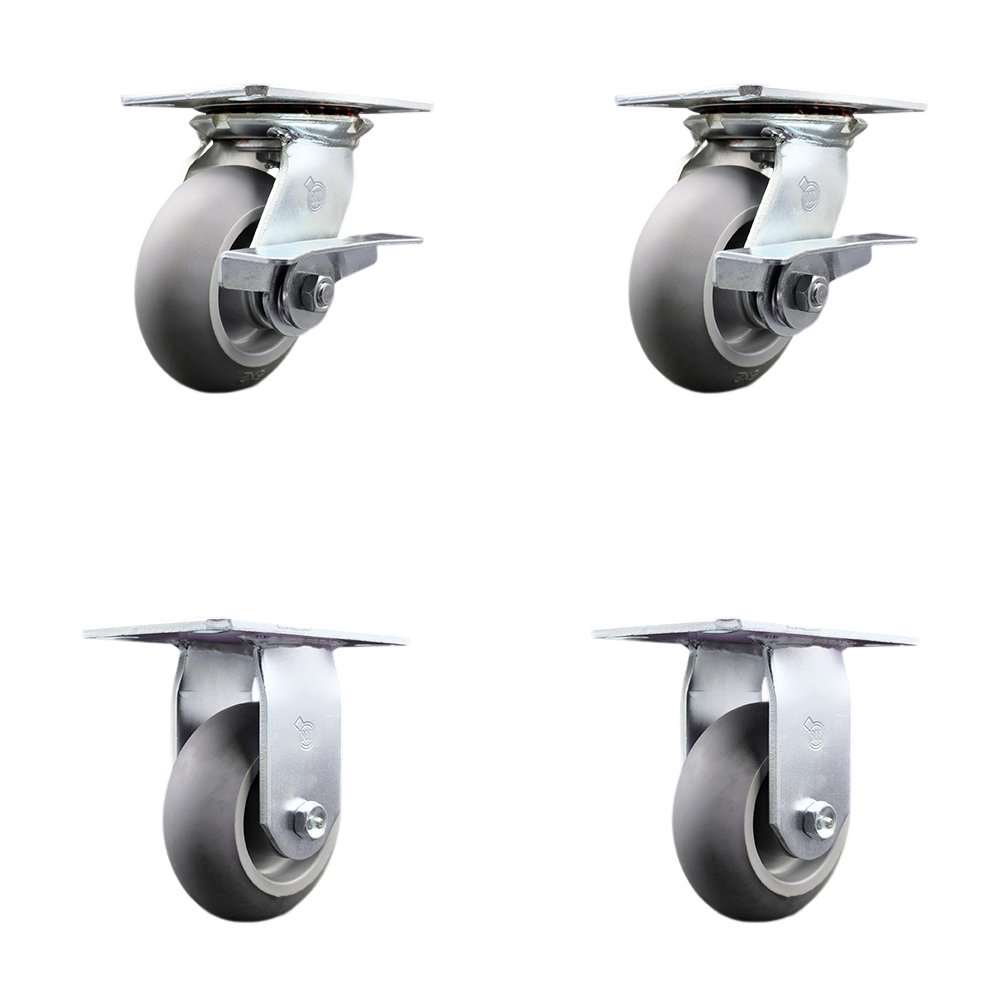 Heavy Duty Large Top Plate Thermo Rubber Donut Tread Swivel Caster Set of 4 w/5" x 2" Gray Wheels - Includes 2 Swivel with Brakes & 2 Rigid - 1400 lbs Total Capacity - Service Caster Brand — photo 1