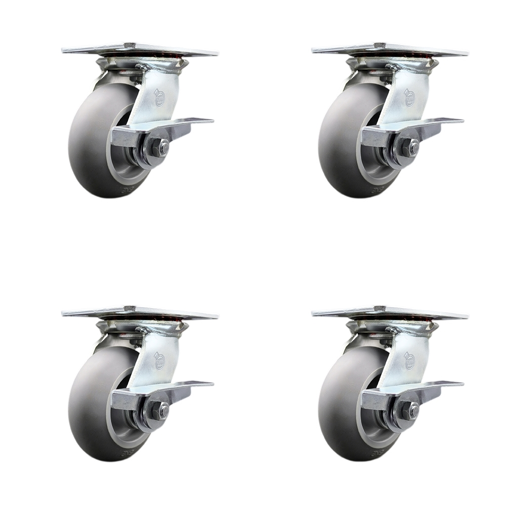 Heavy Duty Large Top Plate Thermo Rubber Donut Tread Swivel Caster w/Main. Free Bearings Set of 4 w/5" x 2" Gray Wheels - Includes 4 Swivel w/Side Lck Brakes- 1400lbs Total Cpty - Service Caster Brand — photo 1