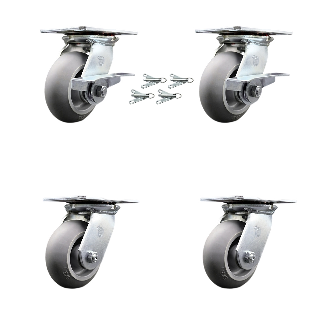 Heavy Duty Large Top Plate Thermo Rubber Donut Tread Swvl Caster Set 4 w/5"x2" Gray Wheels-Includes 2 Swvl w/BRK and Bolt on Swvl Lck&2 Swvl w/Bolt on Swvl Lcks-1400lbs Total Cpty-Service Caster Brand — photo 1