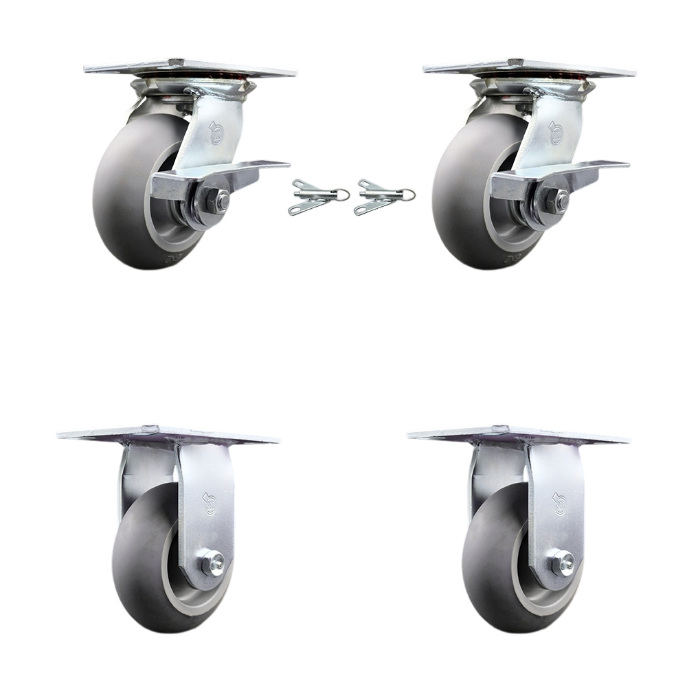 Heavy Duty Large Top Plate Thermo Rubber Donut Tread Swivel Caster Set of 4 w/5" x 2" Gray Wheels - Includes 2 Swivel with Brakes and Bolt on Swvl Lck&2 Rigid-1400lbs Total Cpty - Service Caster Brand — photo 1