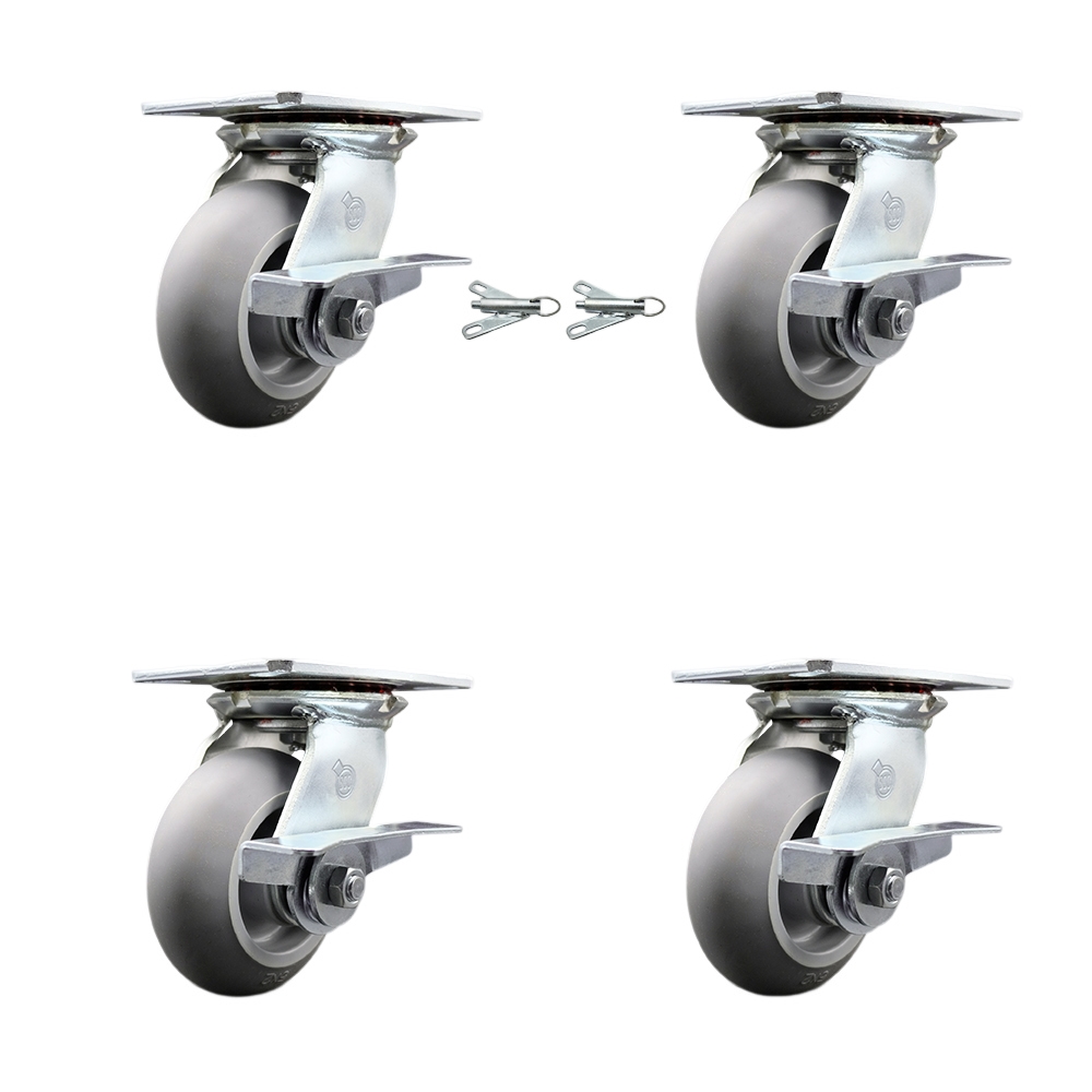 Heavy Duty Large Top Plate Thermo Rubber Donut Tread Swivel Caster Set 4 w/5" x 2" Gray Wheels-Includes 2 Swvl with Brakes and Bolt on Swvl Lck&2 Swvl with BRKs-1400lbs Total Cpty-Service Caster Brand — photo 1