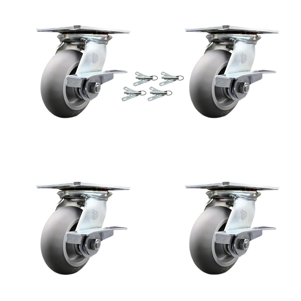 Heavy Duty Large Top Plate Thermo Rubber Donut Tread Swivel Caster Set of 4 w/5" x 2" Gray Wheels - Includes 4 Swivel w/Side Lck Brakes & Bolt on Swivel Locks-1400lbs Total Cpty - Service Caster Brand — photo 1