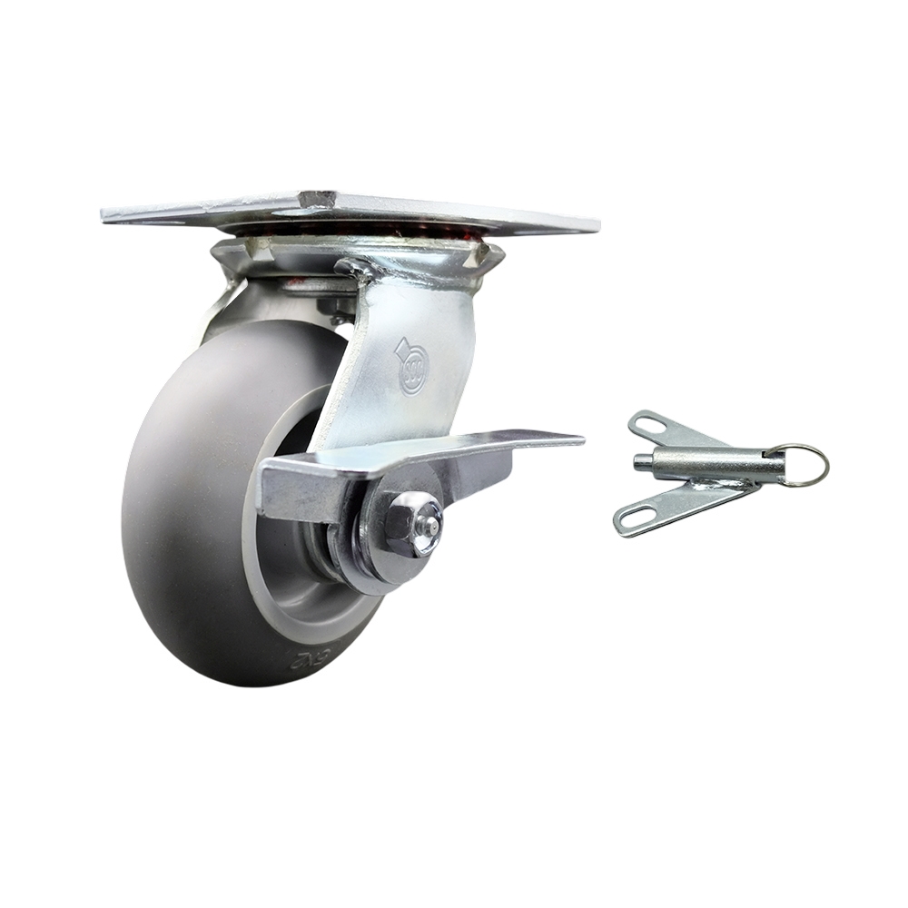 Heavy Duty Large Top Plate Thermo Rubber Donut Tread Swivel Caster w/Main. Free Bearings and 5" x 2" Gray Wheel & Side Lck Brake and Bolt on Swivel Lock - 350lbs Capacity/Caster - Service Caster Brand — photo 1