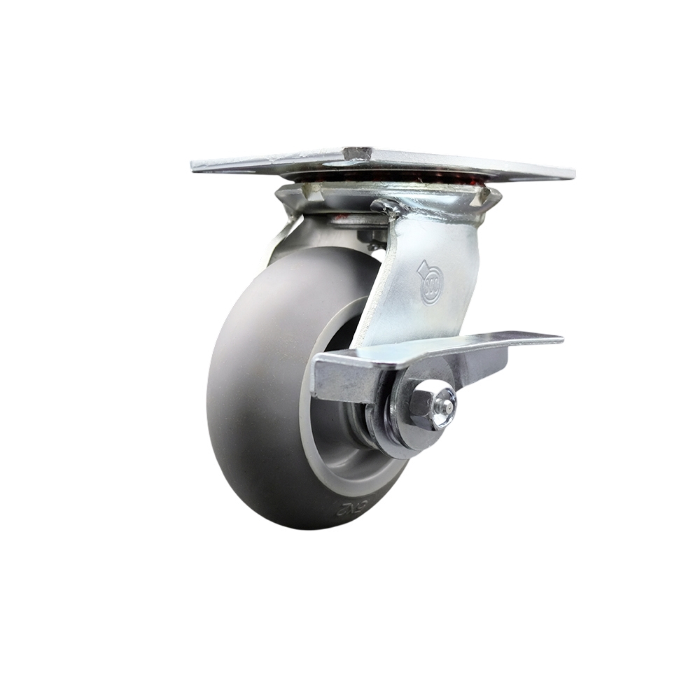 Heavy Duty Large Top Plate Thermo Rubber Donut Tread Swivel Caster w/Main. Free Bearings and 5" x 2" Gray Wheel & Side Lck Brake - 350 lbs Capacity/Caster - Service Caster Brand — photo 1