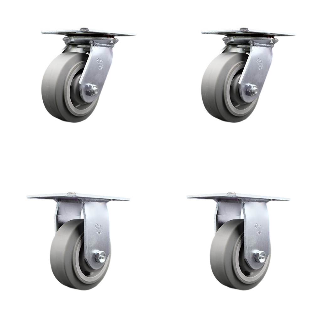 Heavy Duty Large Top Plate Thermo Rubber Flat Tread Swivel Caster Set of 4 w/5" x 2" Gray Wheels - Includes 2 Swivel & 2 Rigid - 1400 lbs Total Capacity - Service Caster Brand — photo 1
