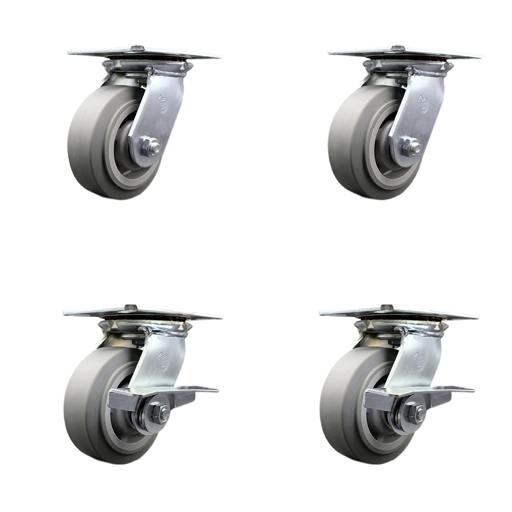 Heavy Duty Large Top Plate Thermo Rubber Flat Tread Swivel Caster w/Main. Free Bearings Set of 4 w/5" x 2" Gray Wheels- Includes 2 Swivel with Brakes&2 Swivel-1400lbs Total Cpty - Service Caster Brand — photo 1