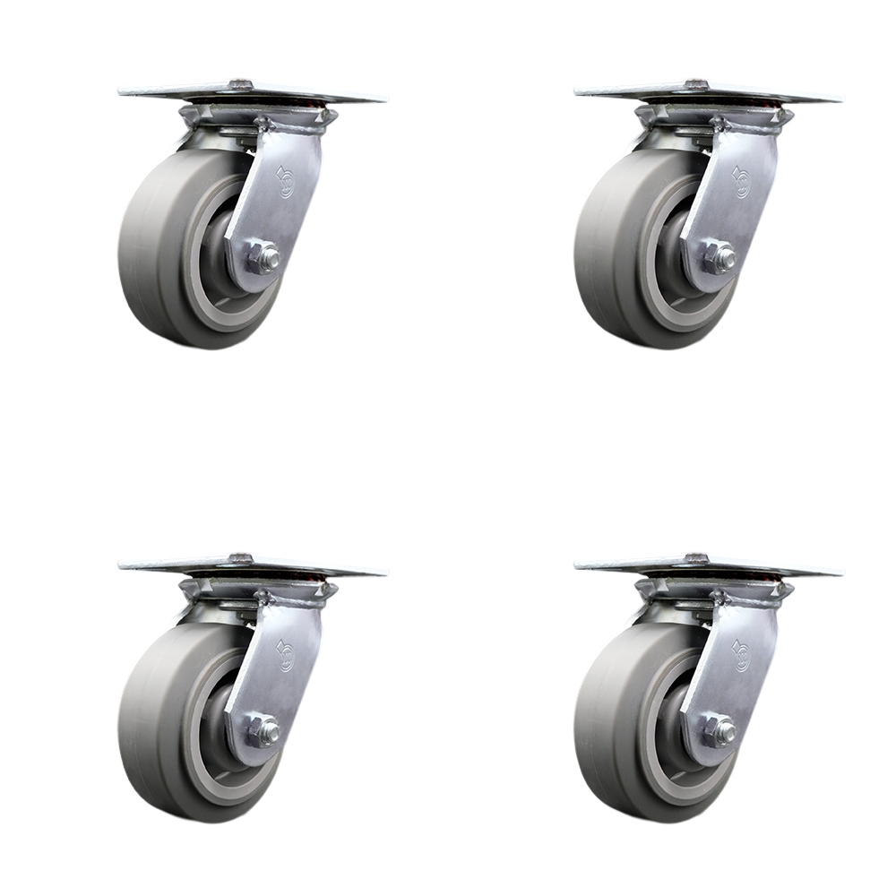 Heavy Duty Large Top Plate Thermo Rubber Flat Tread Swivel Caster w/Main. Free Bearings Set of 4 w/5" x 2" Gray Wheels - Includes 4 Swivel - 1400 lbs Total Capacity - Service Caster Brand — photo 1