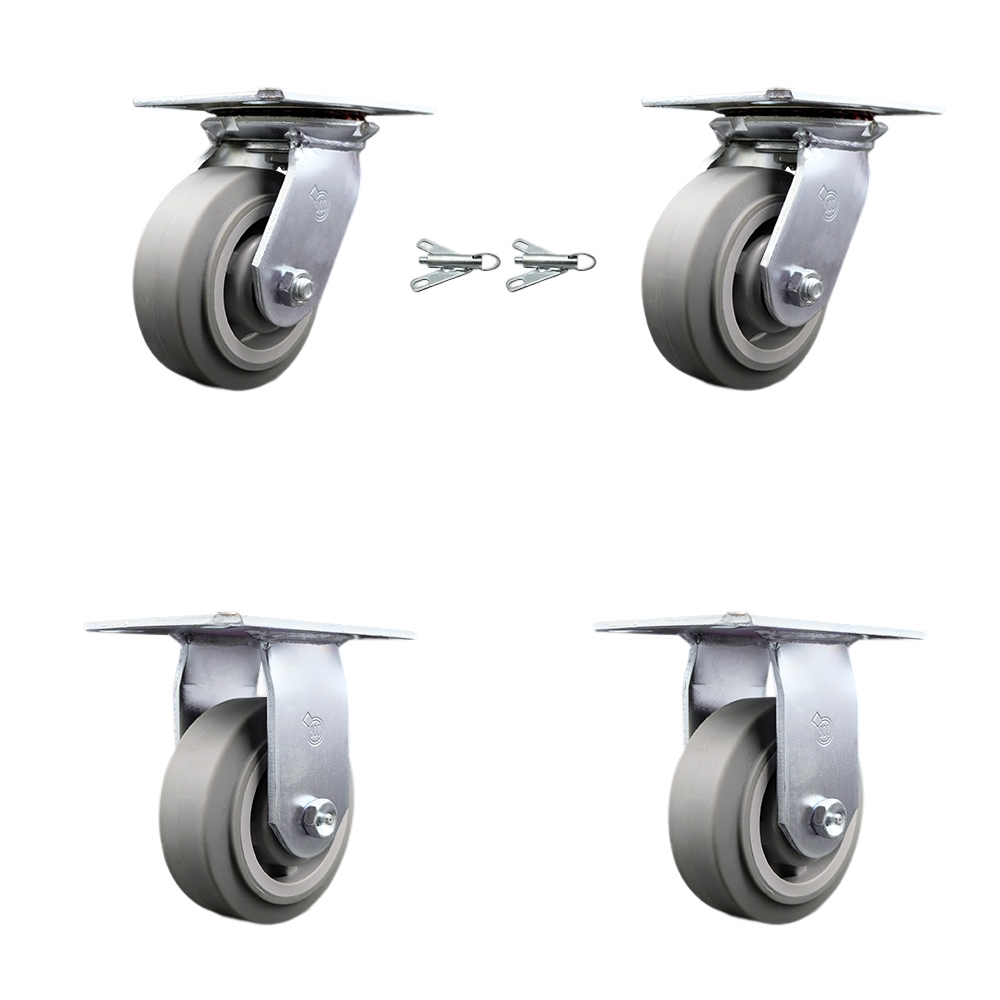 Heavy Duty Large Top Plate Thermo Rubber Flat Tread Swivel Caster Set of 4 w/5" x 2" Gray Wheels - Includes 2 Swivel with Bolt on Swivel Locks& 2 Rigid - 1400 lbs Total Capacity - Service Caster Brand — photo 1