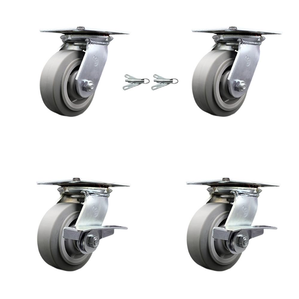 Heavy Duty Large Top Plate Thermo Rubber Flat Tread Swivel Caster Set of 4 w/5" x 2" Gray Wheels - Includes 2 Swivel with Bolt on Swvl Lcks&2 Swvl with Brakes-1400lbs Total Cpty - Service Caster Brand — photo 1