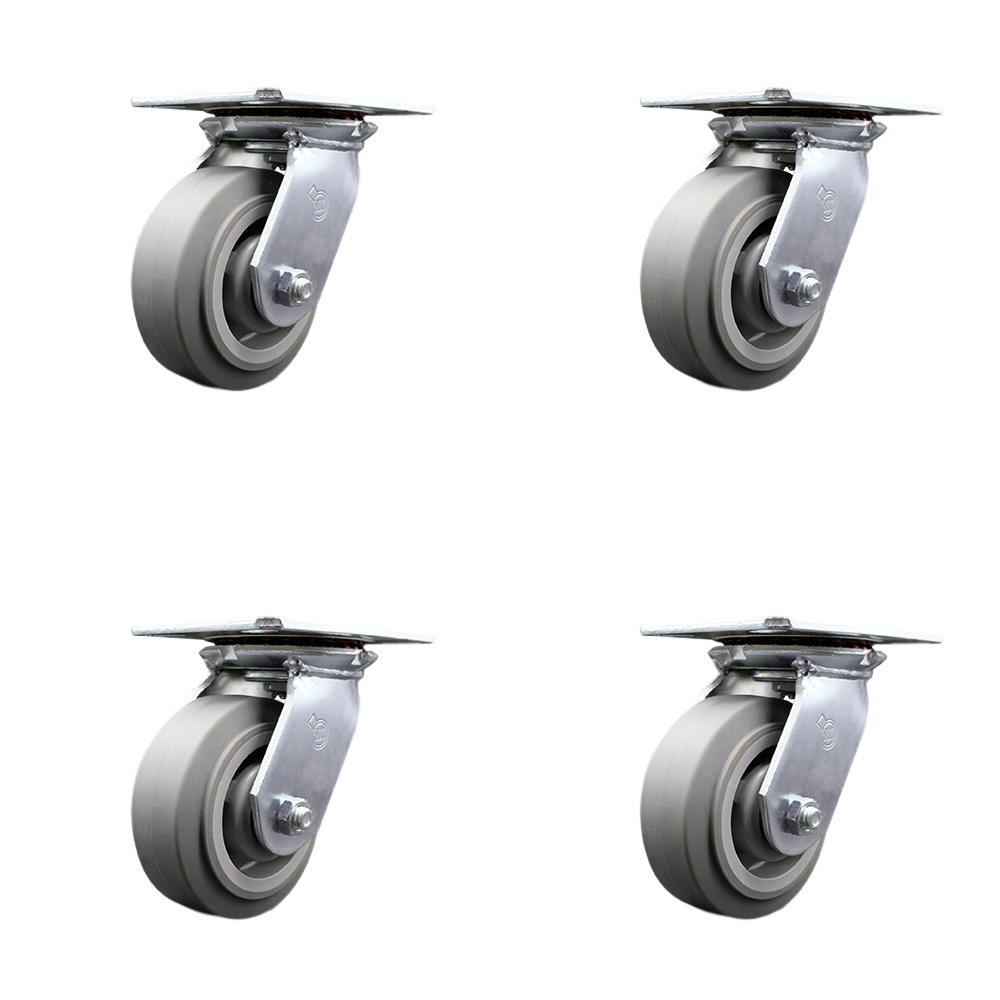 Heavy Duty Large Top Plate Thermo Rubber Flat Tread Swivel Caster Set of 4 w/5" x 2" Gray Wheels - Includes 4 Swivel w/Bolt on Swivel Locks - 1400 lbs Total Capacity - Service Caster Brand — photo 1