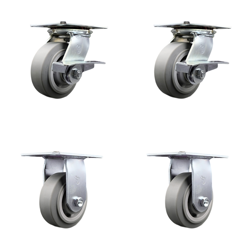 Heavy Duty Large Top Plate Thermo Rubber Flat Tread Swivel Caster Set of 4 w/5" x 2" Gray Wheels - Includes 2 Swivel with Brakes & 2 Rigid - 1400 lbs Total Capacity - Service Caster Brand — photo 1
