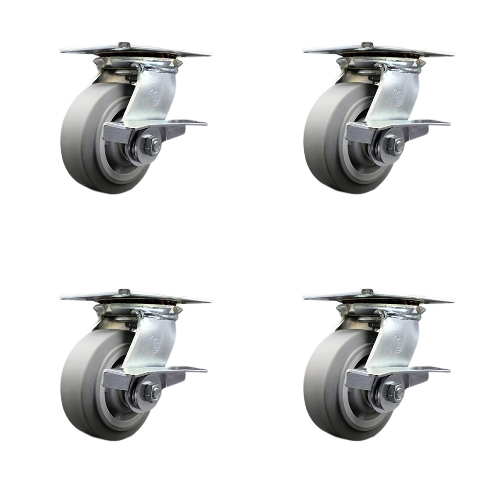 Heavy Duty Large Top Plate Thermo Rubber Flat Tread Swivel Caster Set of 4 w/5" x 2" Gray Wheels - Includes 4 Swivel w/Side Lck Brakes - 1400 lbs Total Capacity - Service Caster Brand — photo 1