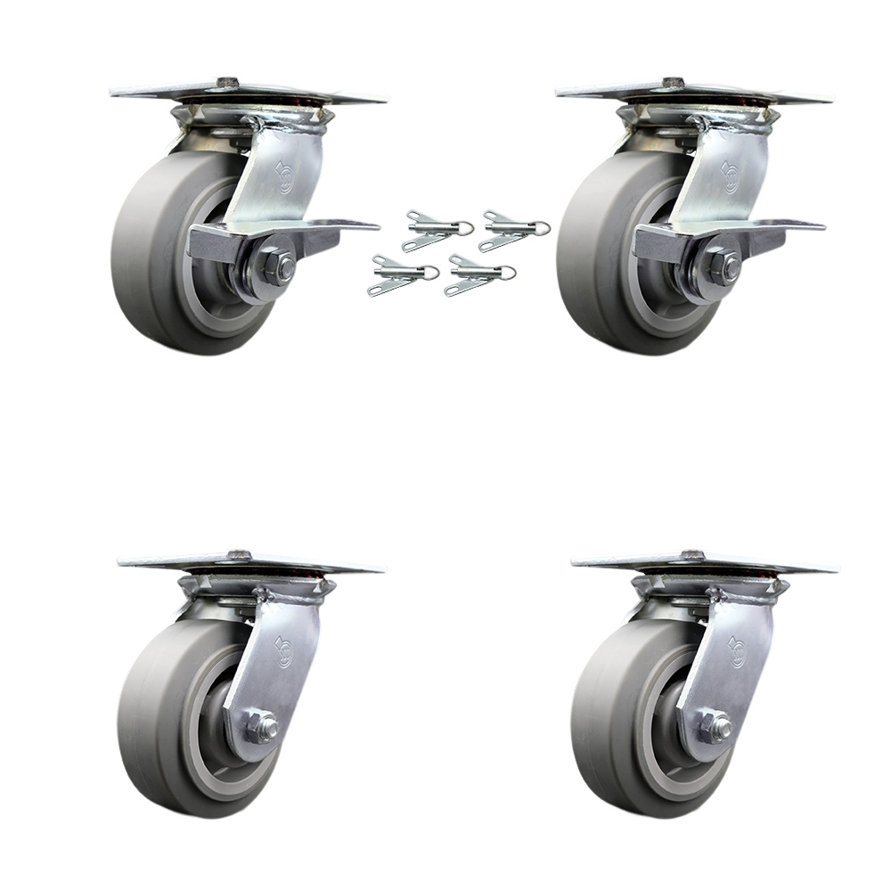 Heavy Duty Large Top Plate Thermo Rubber Flat Tread Swivel Caster Set 4 w/5"x2" Gray Wheel-Includes 2 Swvl w/BRKs and Bolt on Swvl Lck&2 Swvl w/Bolt on Swvl Lck-1400lbs Total Cpty-Service Caster Brand — photo 1