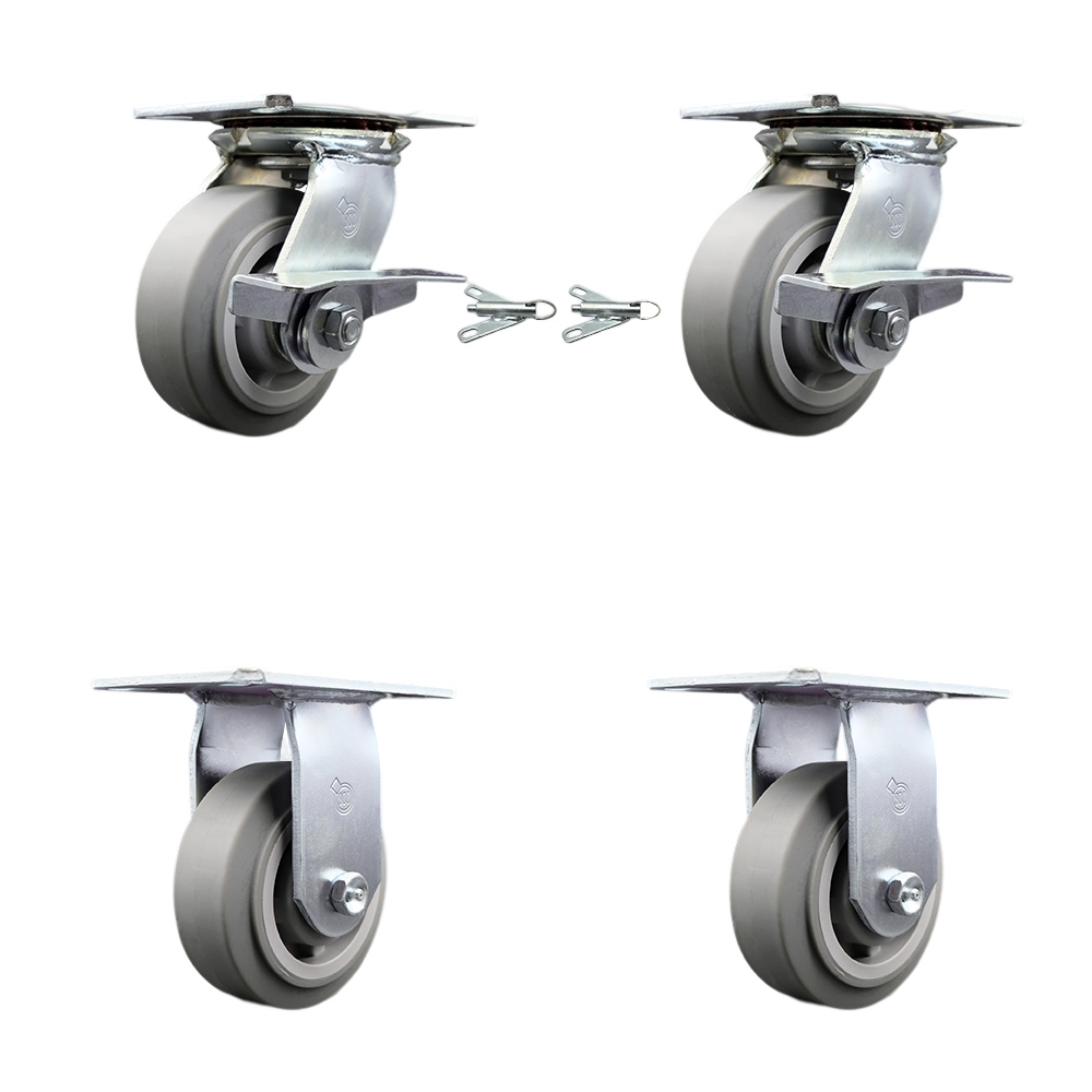 Heavy Duty Large Top Plate Thermo Rubber Flat Tread Swivel Caster Set of 4 w/5" x 2" Gray Wheels - Includes 2 Swivel with Brakes and Bolt on Swvl Lcks&2 Rigid-1400lbs Total Cpty - Service Caster Brand — photo 1