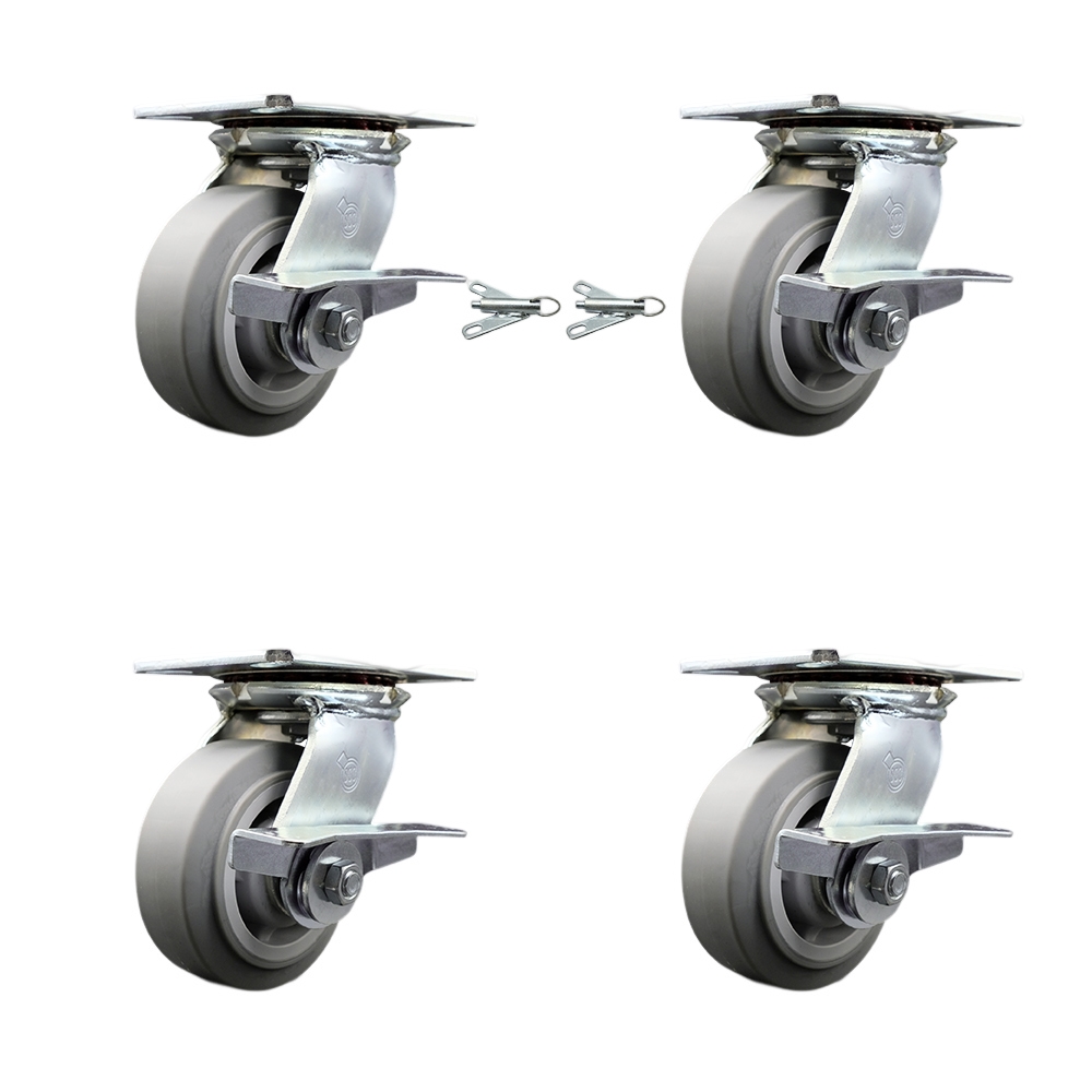 Heavy Duty Large Top Plate Thermo Rubber Flat Tread Swvl Caster w/Main. Free Bearings Set 4 w/5" x 2" Gray Wheels-Includes 2 Swvl with Brakes and Bolt on Swvl Lck&2 Swvl with BRKs-Service Caster Brand — photo 1