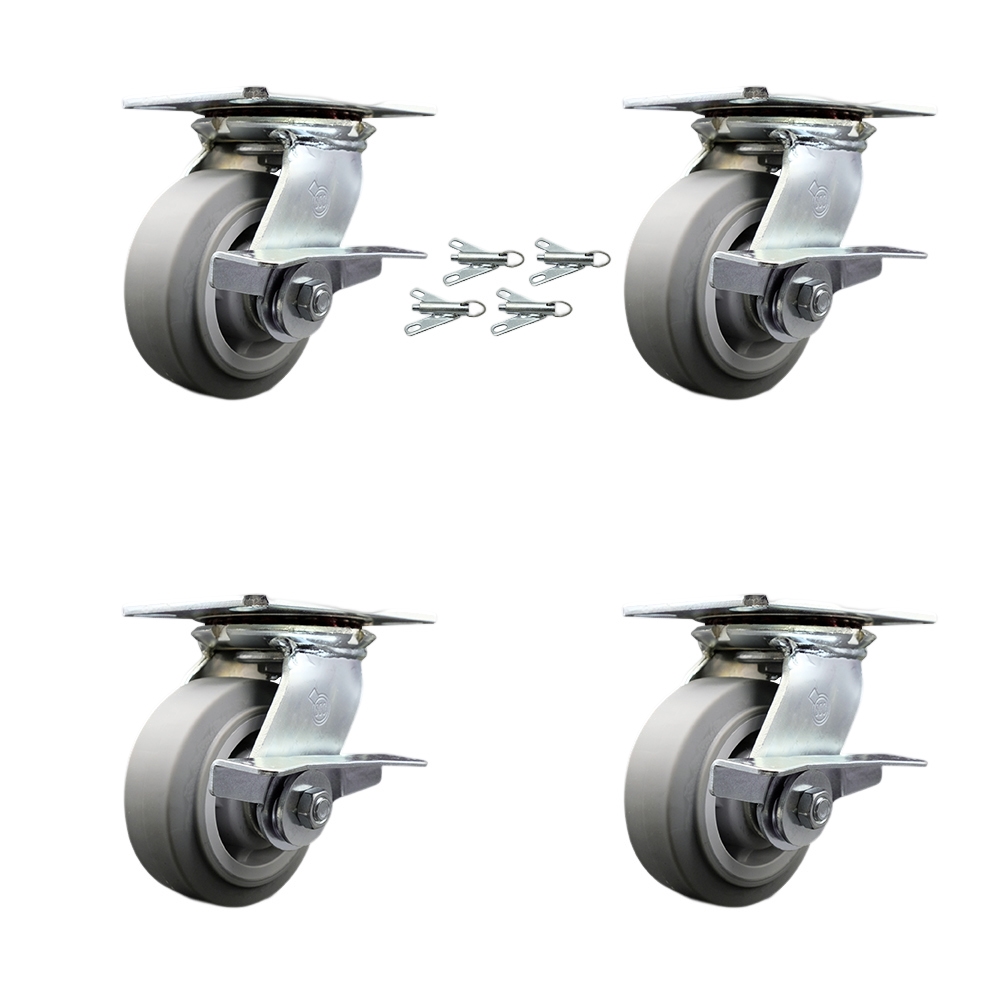 Heavy Duty Large Top Plate Thermo Rubber Flat Tread Swivel Caster w/Main. Free Bearings Set of 4 w/5" x 2" Gray Wheels - Includes 4 Swivel w/Side Lck Brakes&Bolt on Swivel Locks - Service Caster Brand — photo 1