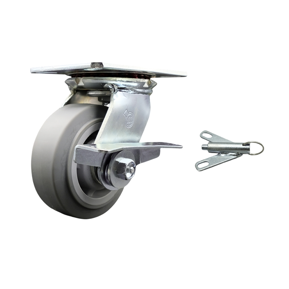 Heavy Duty Large Top Plate Thermo Rubber Flat Tread Swivel Caster w/Main. Free Bearings and 5" x 2" Gray Wheel & Side Lck Brake and Bolt on Swivel Lock - 350 lbs Capacity/Caster - Service Caster Brand — photo 1
