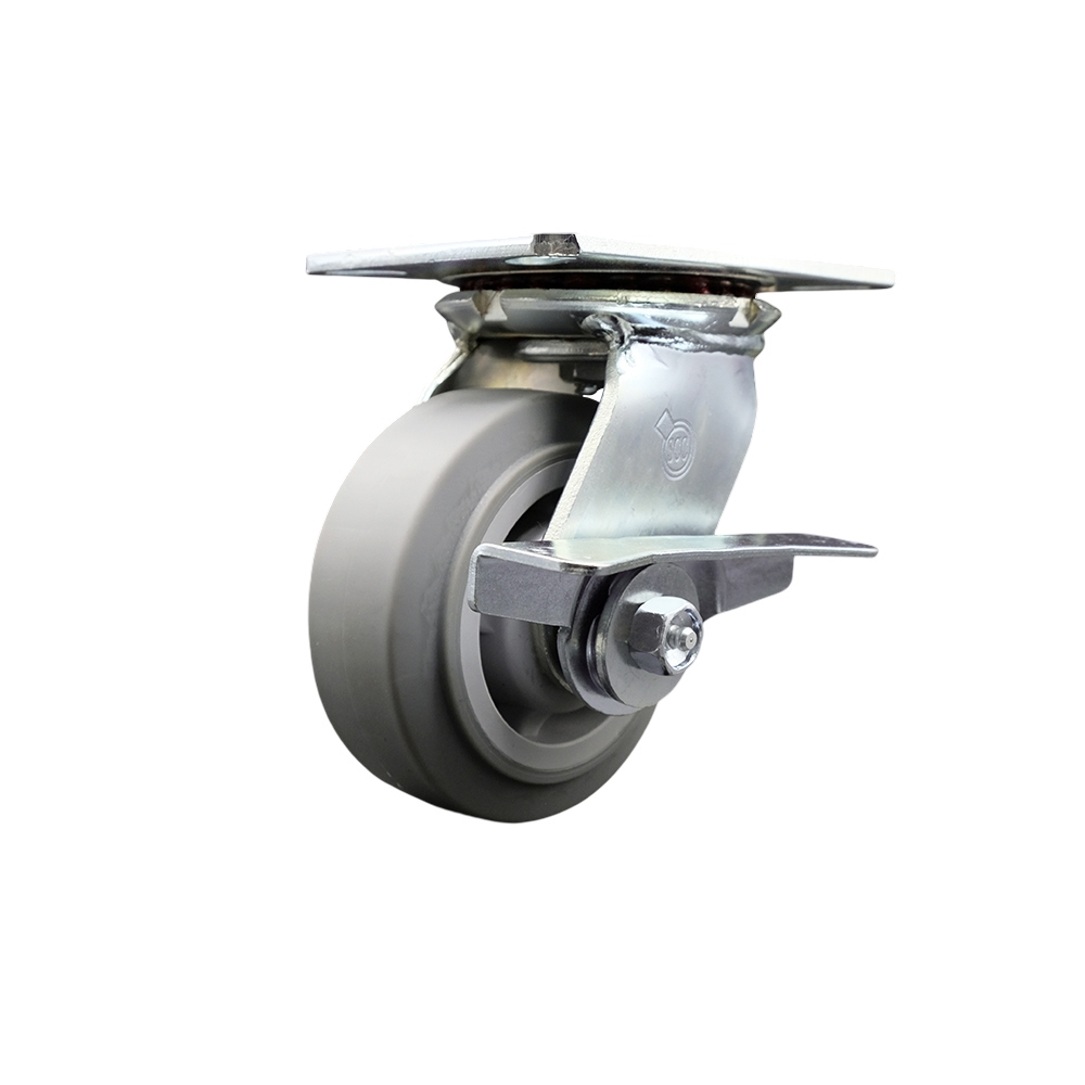 Heavy Duty Large Top Plate Thermo Rubber Flat Tread Swivel Caster w/5" x 2" Gray Wheel & Side Lck Brake - 350 lbs Capacity/Caster - Service Caster Brand — photo 1
