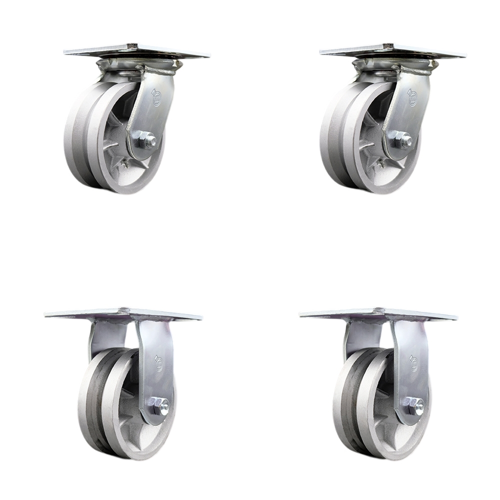 Heavy Duty Large Top Plate V Groove Semi Steel Swivel Caster Set of 4 w/5" x 2" Silver Wheels - Includes 2 Swivel & 2 Rigid - 4400 lbs Total Capacity - Service Caster Brand — photo 1