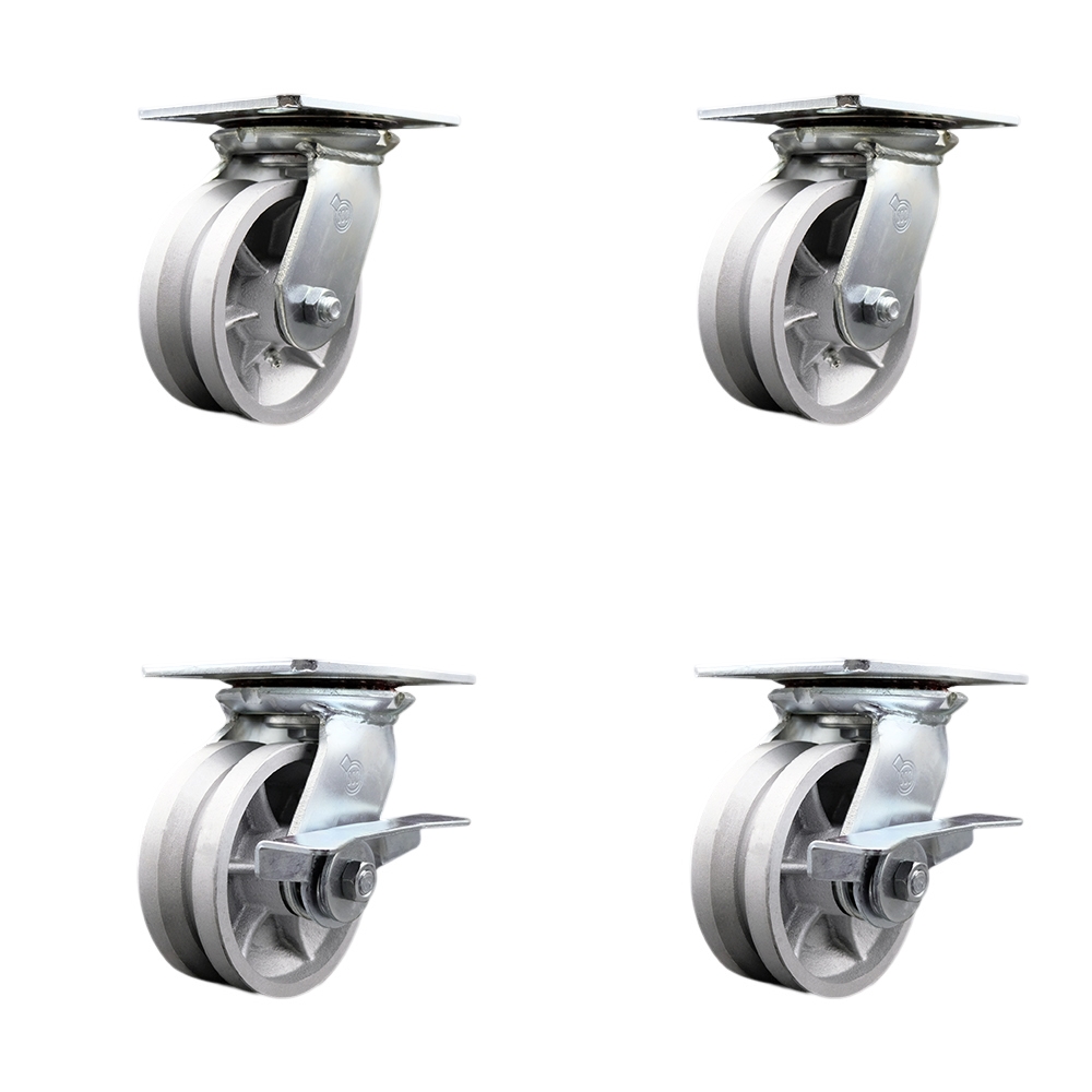 Heavy Duty Large Top Plate V Groove Semi Steel Swivel Caster Set of 4 w/5" x 2" Silver Wheels - Includes 2 Swivel with Brakes & 2 Swivel - 4400 lbs Total Capacity - Service Caster Brand — photo 1
