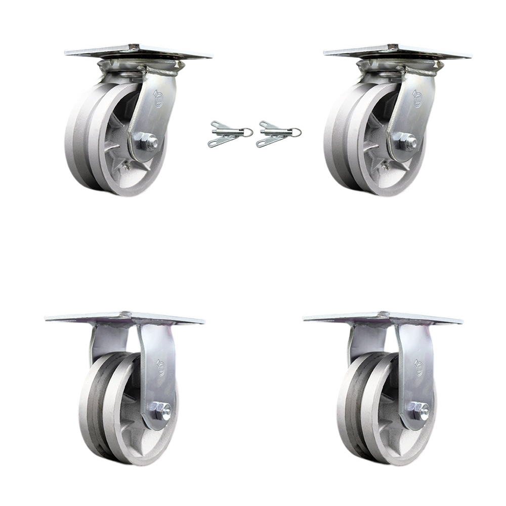 Heavy Duty Large Top Plate V Groove Semi Steel Swivel Caster Set of 4 w/5" x 2" Silver Wheels - Includes 2 Swivel with Bolt on Swivel Locks & 2 Rigid - 4400 lbs Total Capacity - Service Caster Brand — photo 1