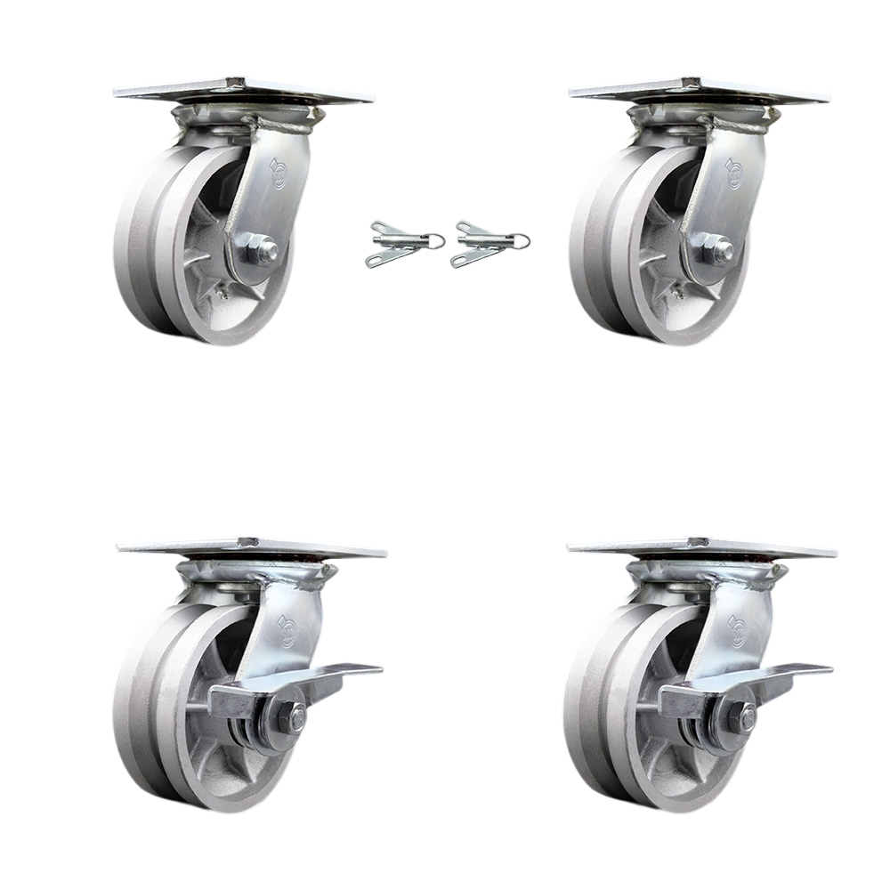 Heavy Duty Large Top Plate V Groove Semi Steel Swivel Caster Set of 4 w/5" x 2" Silver Wheels-Includes 2 Swivel with Bolt on Swivel Locks&2 Swivel with Brakes-4400lbs Total Cpty - Service Caster Brand — photo 1