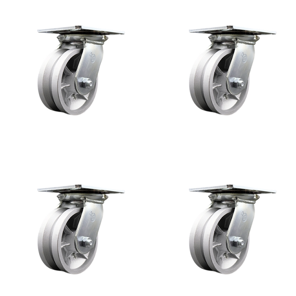 Heavy Duty Large Top Plate V Groove Semi Steel Swivel Caster Set of 4 w/5" x 2" Silver Wheels - Includes 4 Swivel w/Bolt on Swivel Locks - 4400 lbs Total Capacity - Service Caster Brand — photo 1
