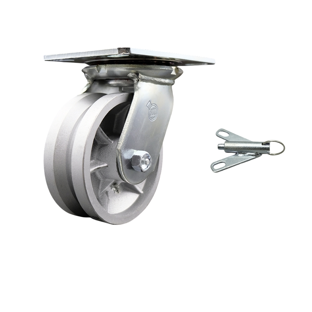 Heavy Duty Large Top Plate V Groove Semi Steel Swivel Caster w/Main. Free Bearings and 5" x 2" Silver Wheel & Bolt on Swivel Lock - 1100 lbs Capacity/Caster - Service Caster Brand — photo 1